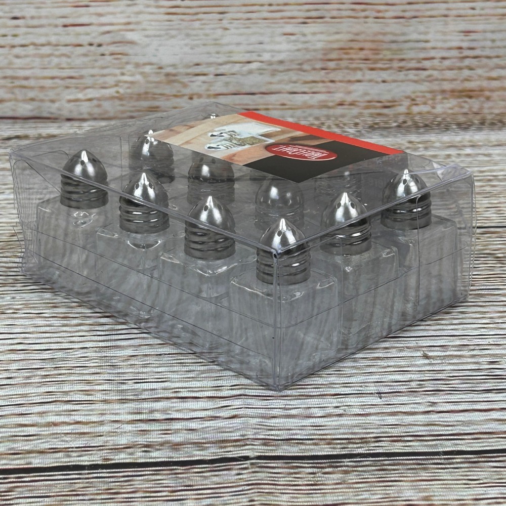 TableCraft 12 Pack 1/2 oz Cube Glass Salt and Pepper Shakers Chrome Top C30A NIB